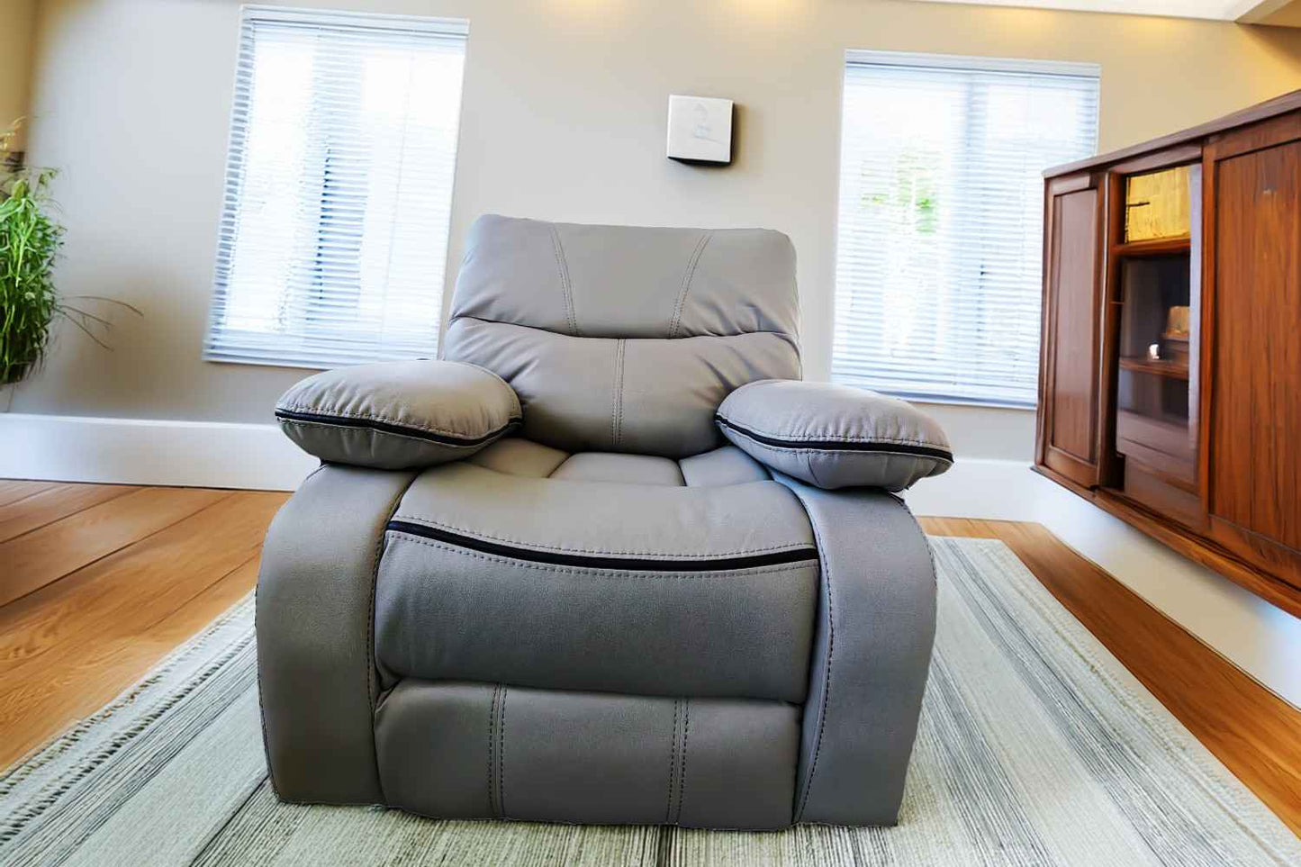 Sofa Grey Fabric PU Recliner Arm Chair, 2, 3 Seater with Set Cup Holder