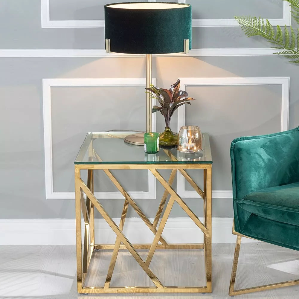 Modern Gold Colour Metal Smoked Glass Abstract Side End Table Coffee Criss Cross