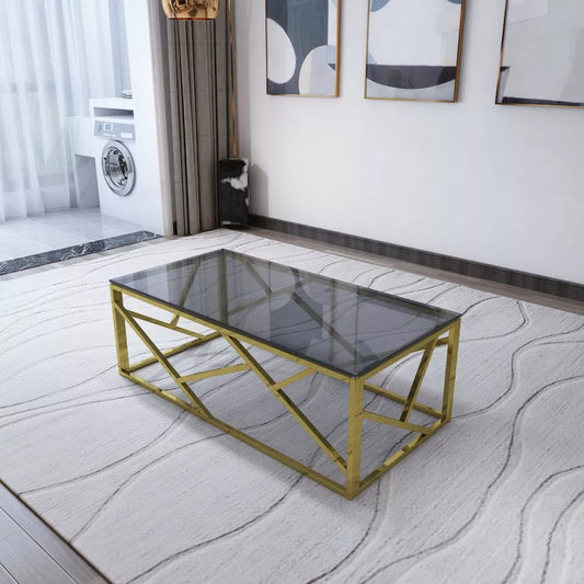 Modern Gold Colour Metal Smoked Glass Abstract Coffee Table Criss Cross