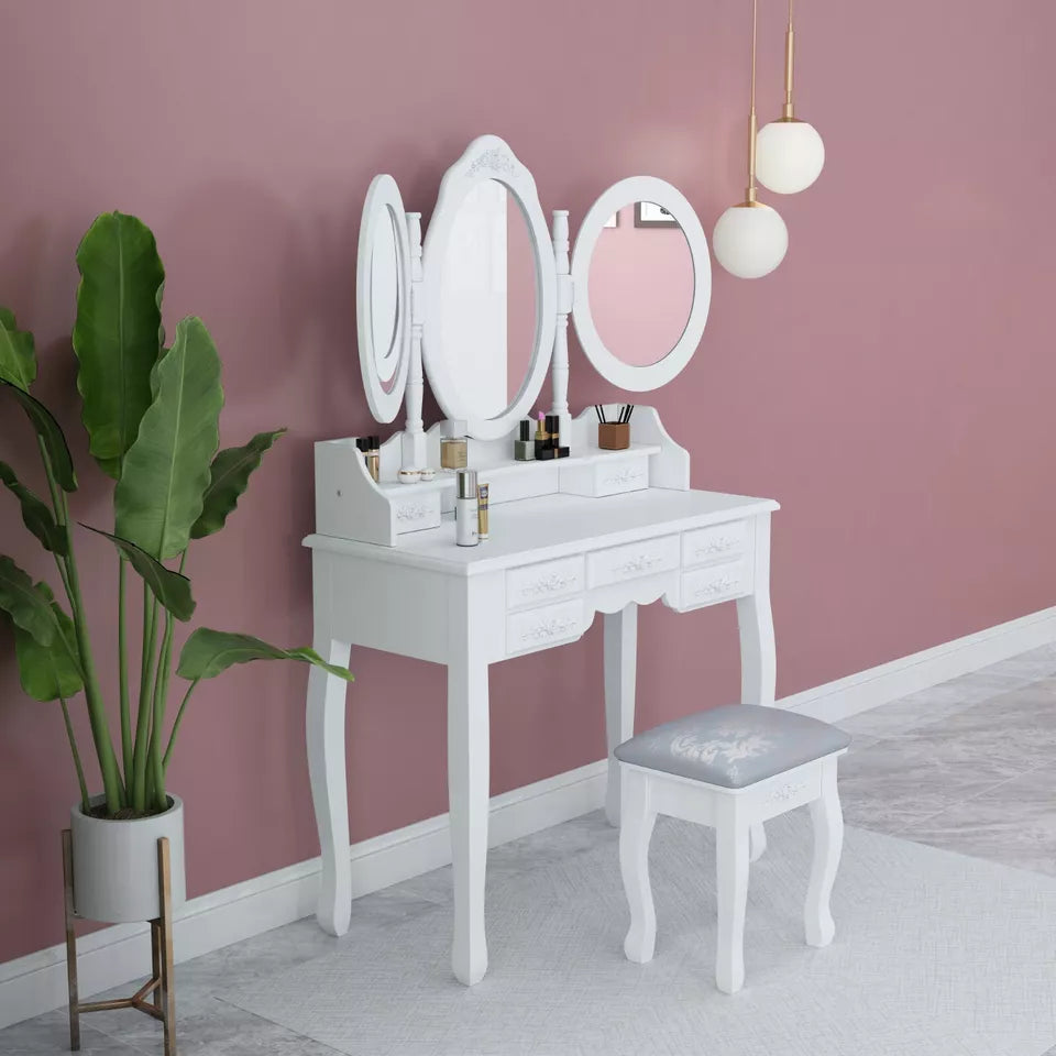 Dressing Table Wooden White 7-Drawers Tri-fold Mirror Makeup Desk Stool Bedroom