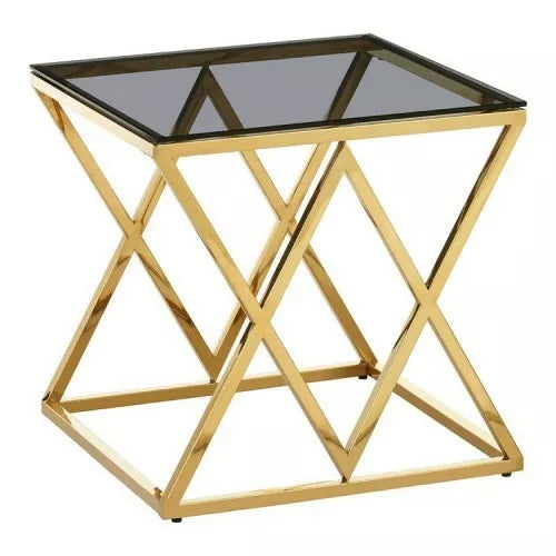 Modern Gold Colour Metal Black Smoked Glass Side End Table Coffee Criss Cross
