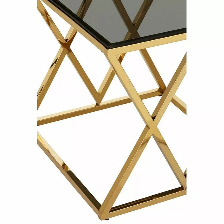 Modern Gold Colour Metal Black Smoked Glass Side End Table Coffee Criss Cross