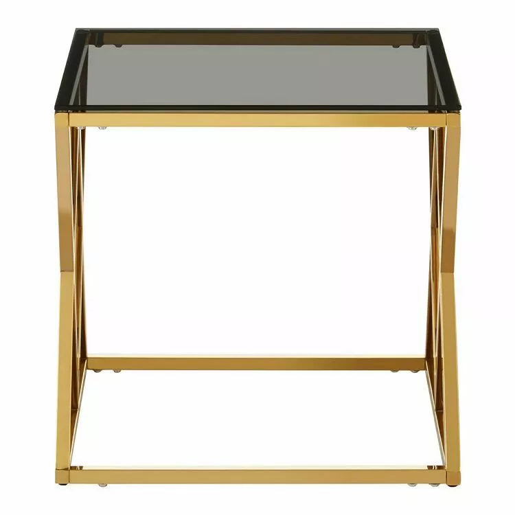 Modern Gold Colour Metal Black Smoked Glass Side End Table Coffee Criss Cross