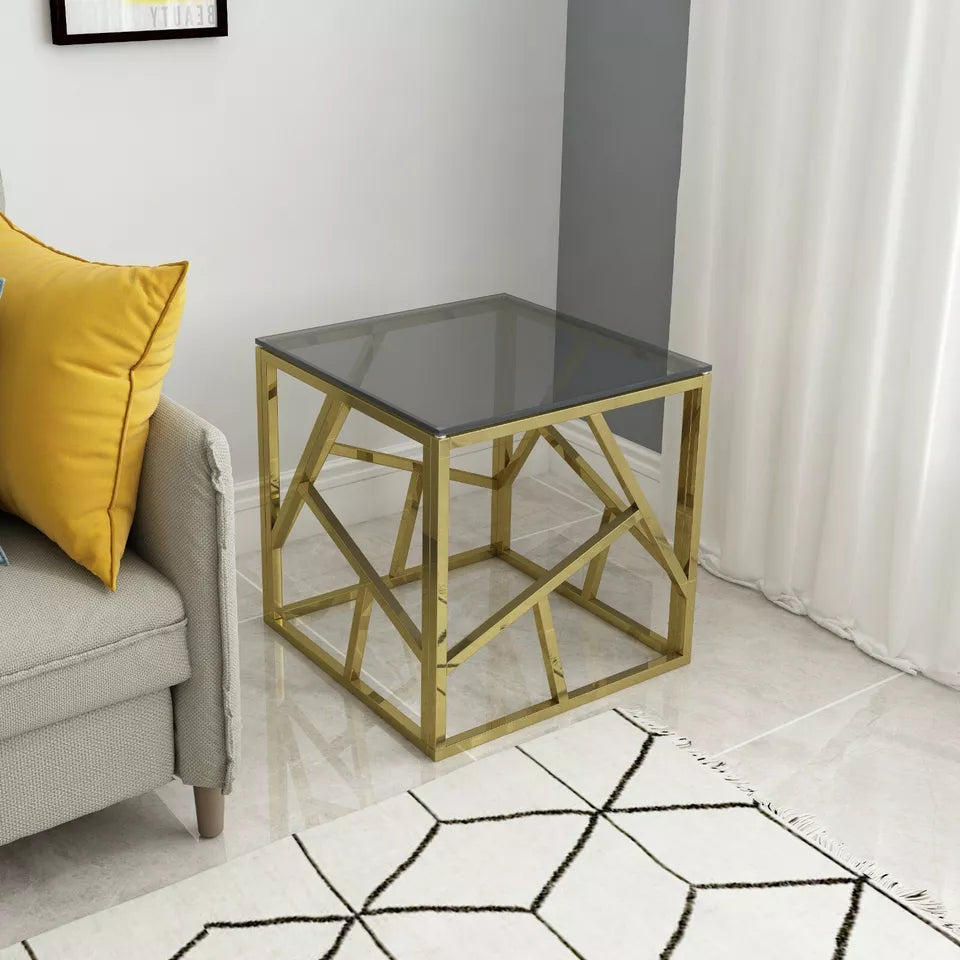 Modern Gold Colour Metal Smoked Glass Abstract Side End Table Coffee Criss Cross