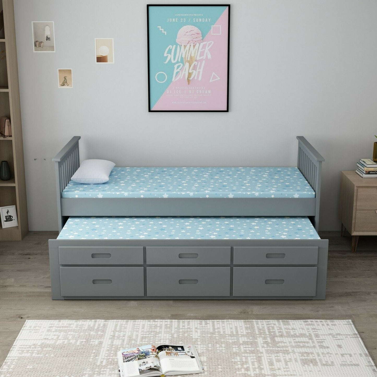 Single kids 3ft Wood Bed Frame Pull Out Trundle 3 Drawer Storage White & Grey