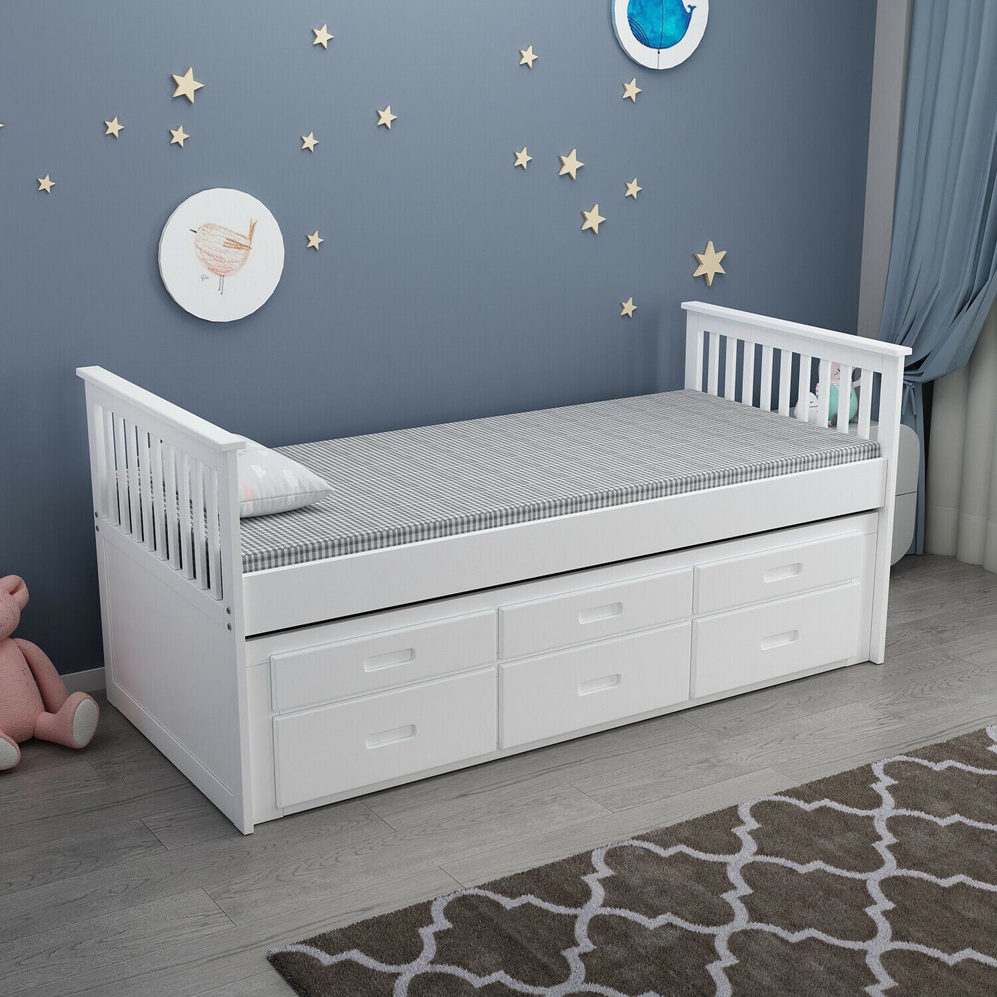 Single kids 3ft Wood Bed Frame Pull Out Trundle 3 Drawer Storage White & Grey