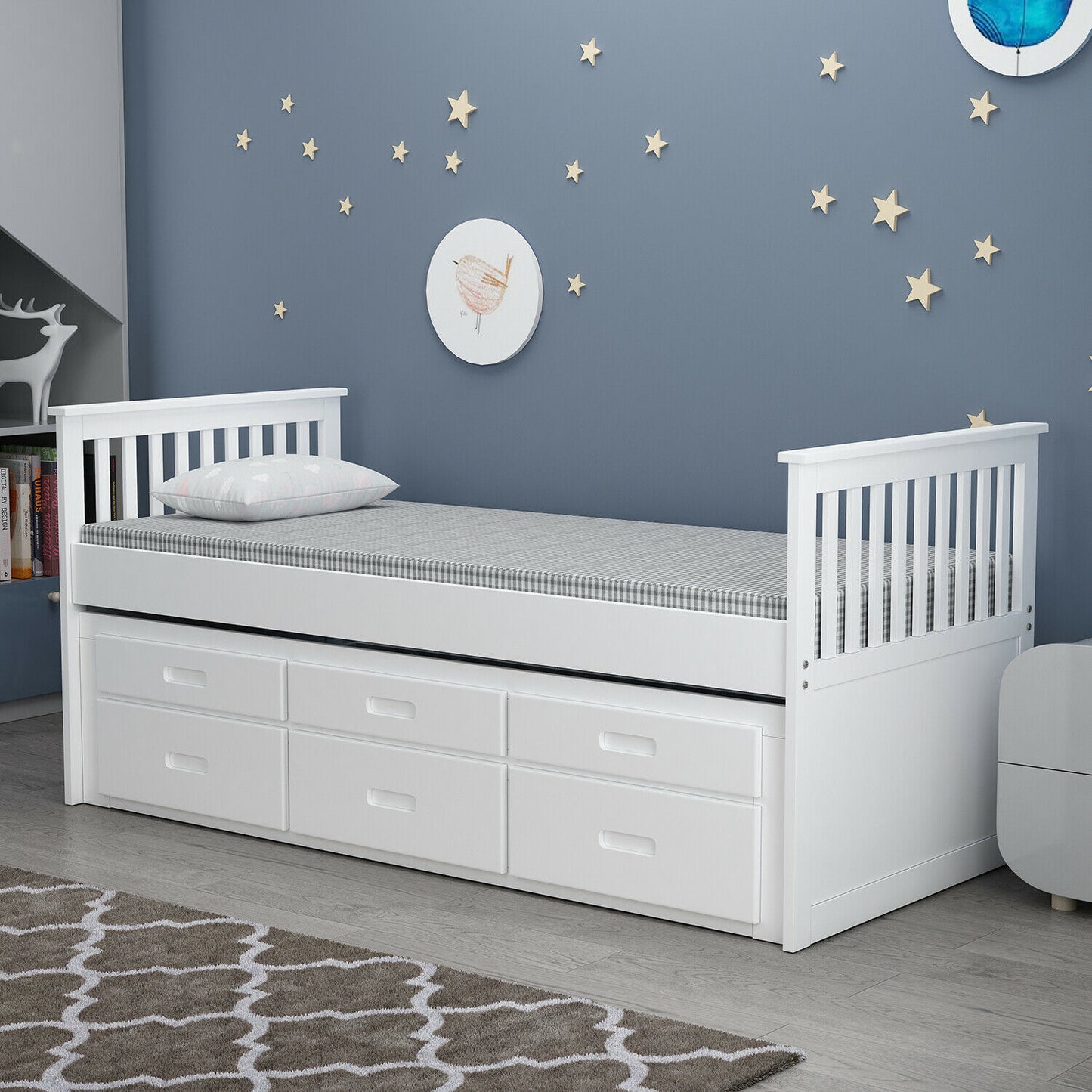 Single kids 3ft Wood Bed Frame Pull Out Trundle 3 Drawer Storage White & Grey