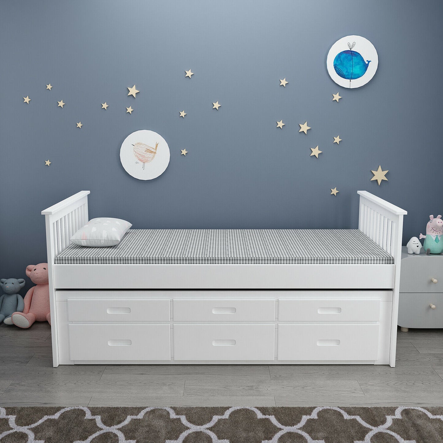 Single kids 3ft Wood Bed Frame Pull Out Trundle 3 Drawer Storage White & Grey
