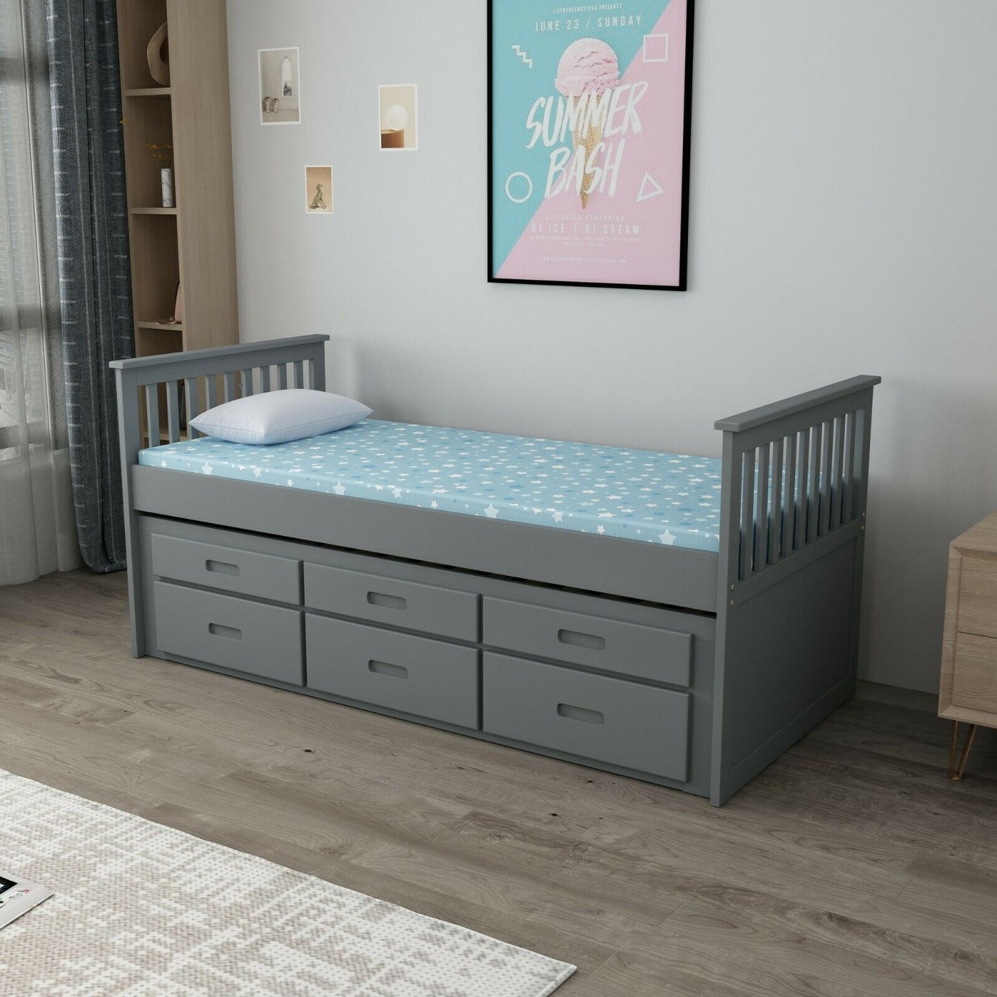 Single kids 3ft Wood Bed Frame Pull Out Trundle 3 Drawer Storage White & Grey