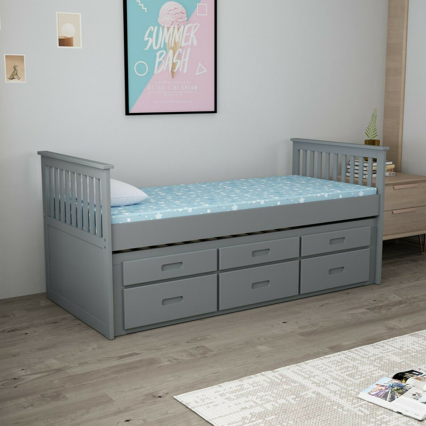 Single kids 3ft Wood Bed Frame Pull Out Trundle 3 Drawer Storage White & Grey
