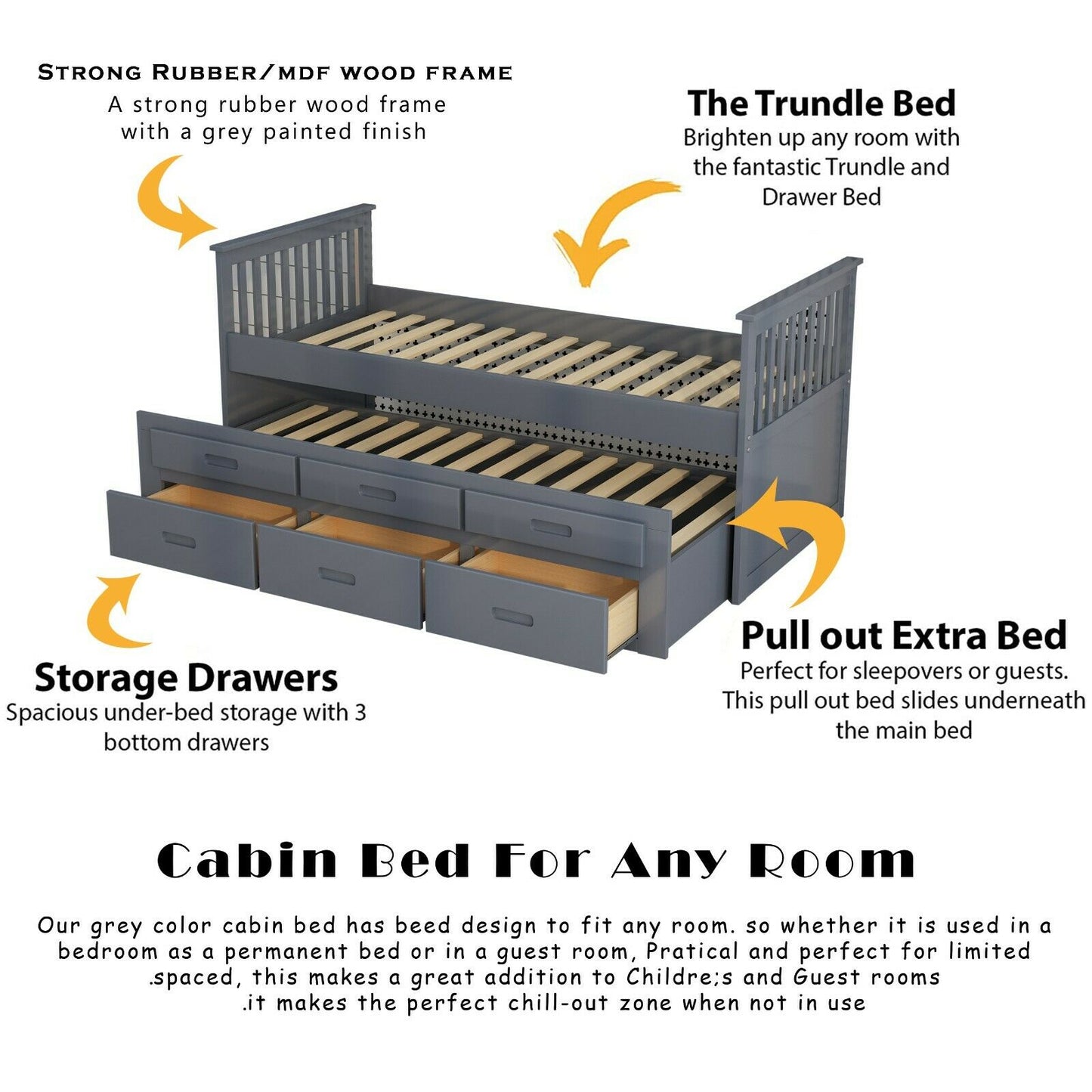 Single kids 3ft Wood Bed Frame Pull Out Trundle 3 Drawer Storage White & Grey