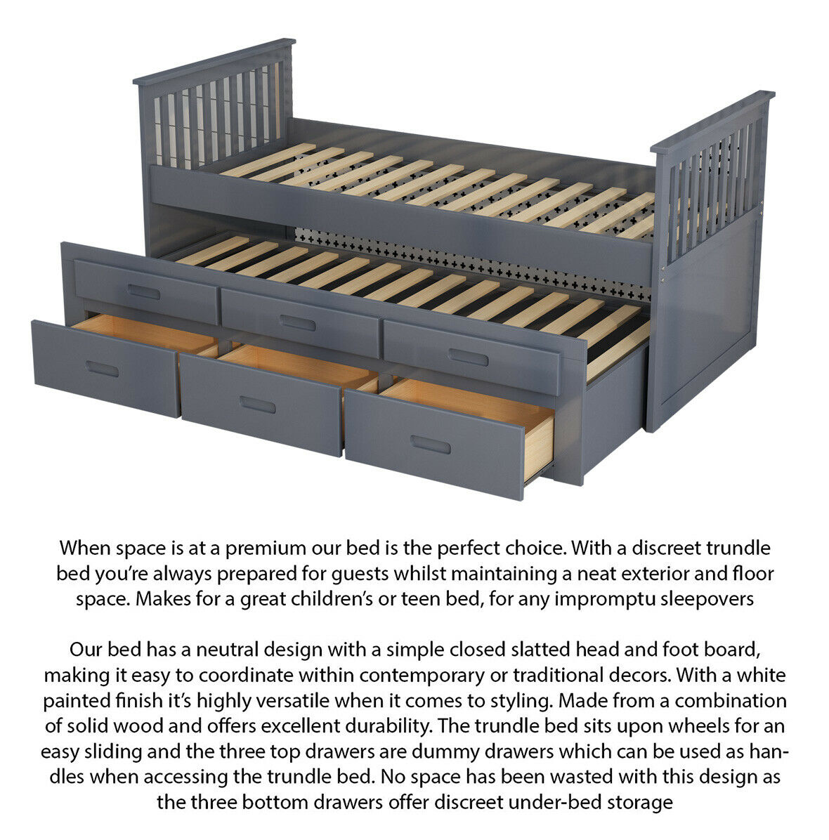 Single kids 3ft Wood Bed Frame Pull Out Trundle 3 Drawer Storage White & Grey