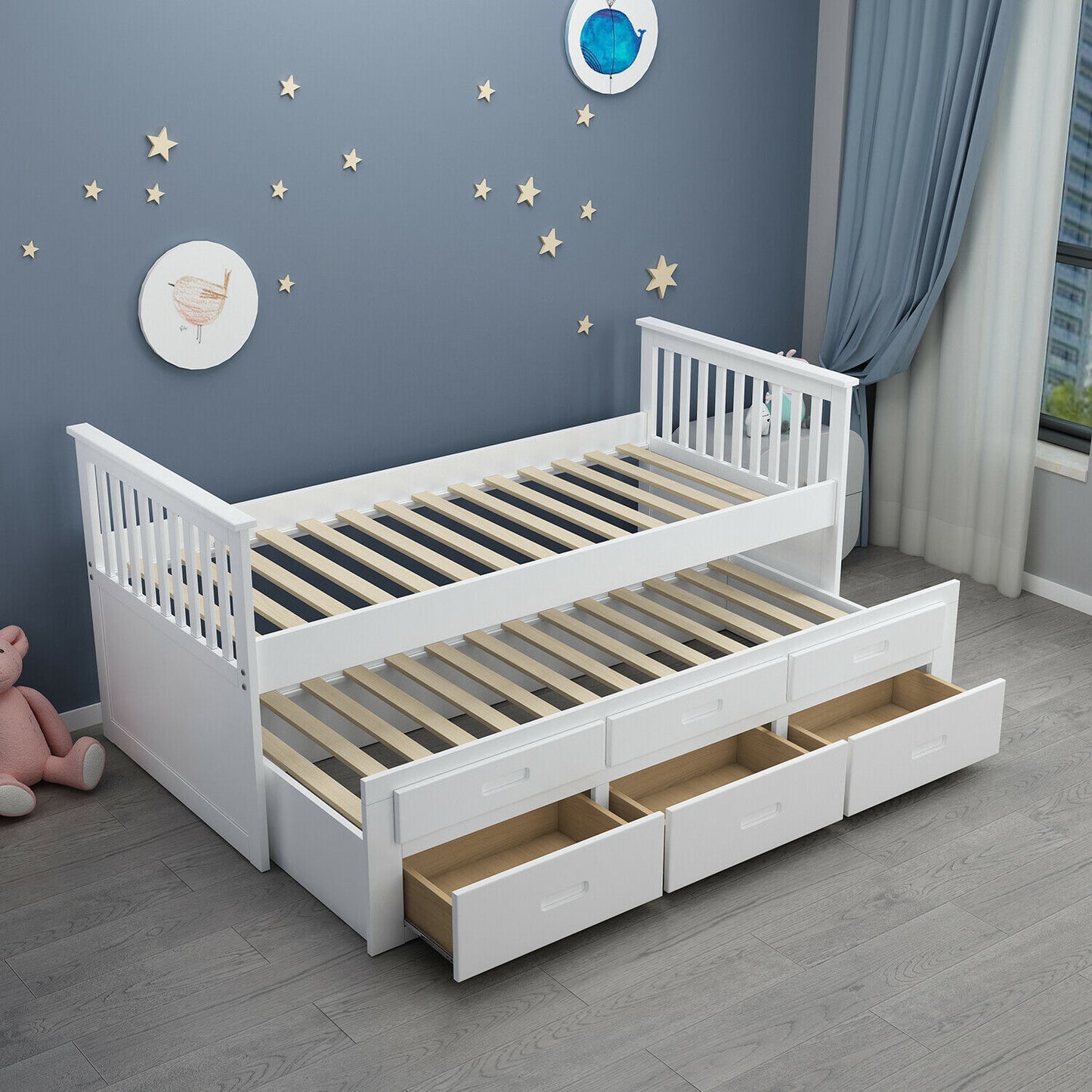 Single kids 3ft Wood Bed Frame Pull Out Trundle 3 Drawer Storage White & Grey