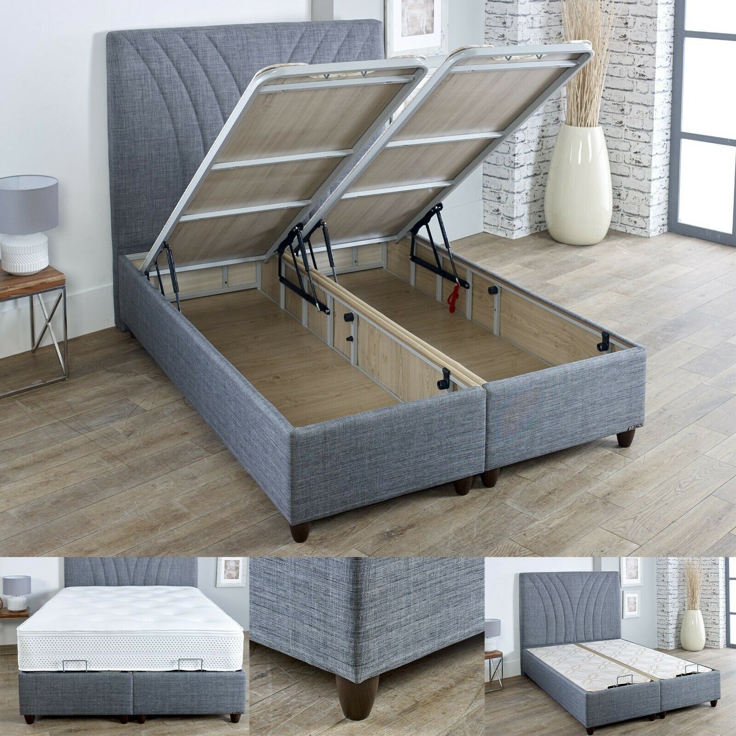 Verso Storage Bed Frame: Hydraulic Lift-Up, Linen & Wood, 2-Box Design