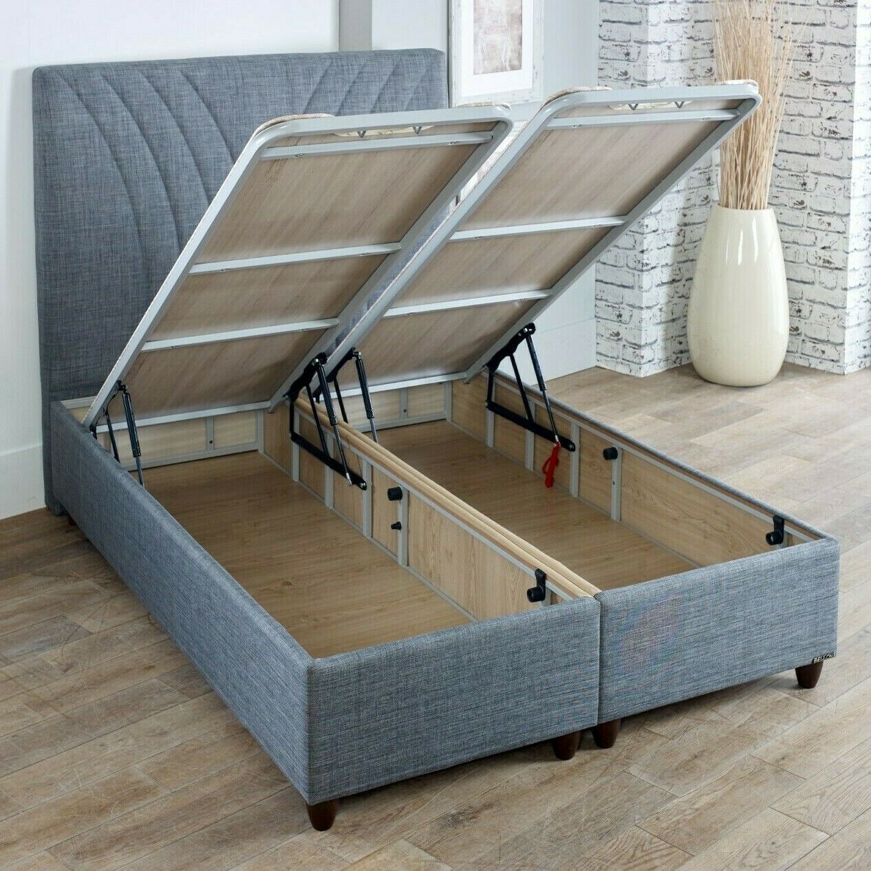 Verso Storage Bed Frame: Hydraulic Lift-Up, Linen & Wood, 2-Box Design