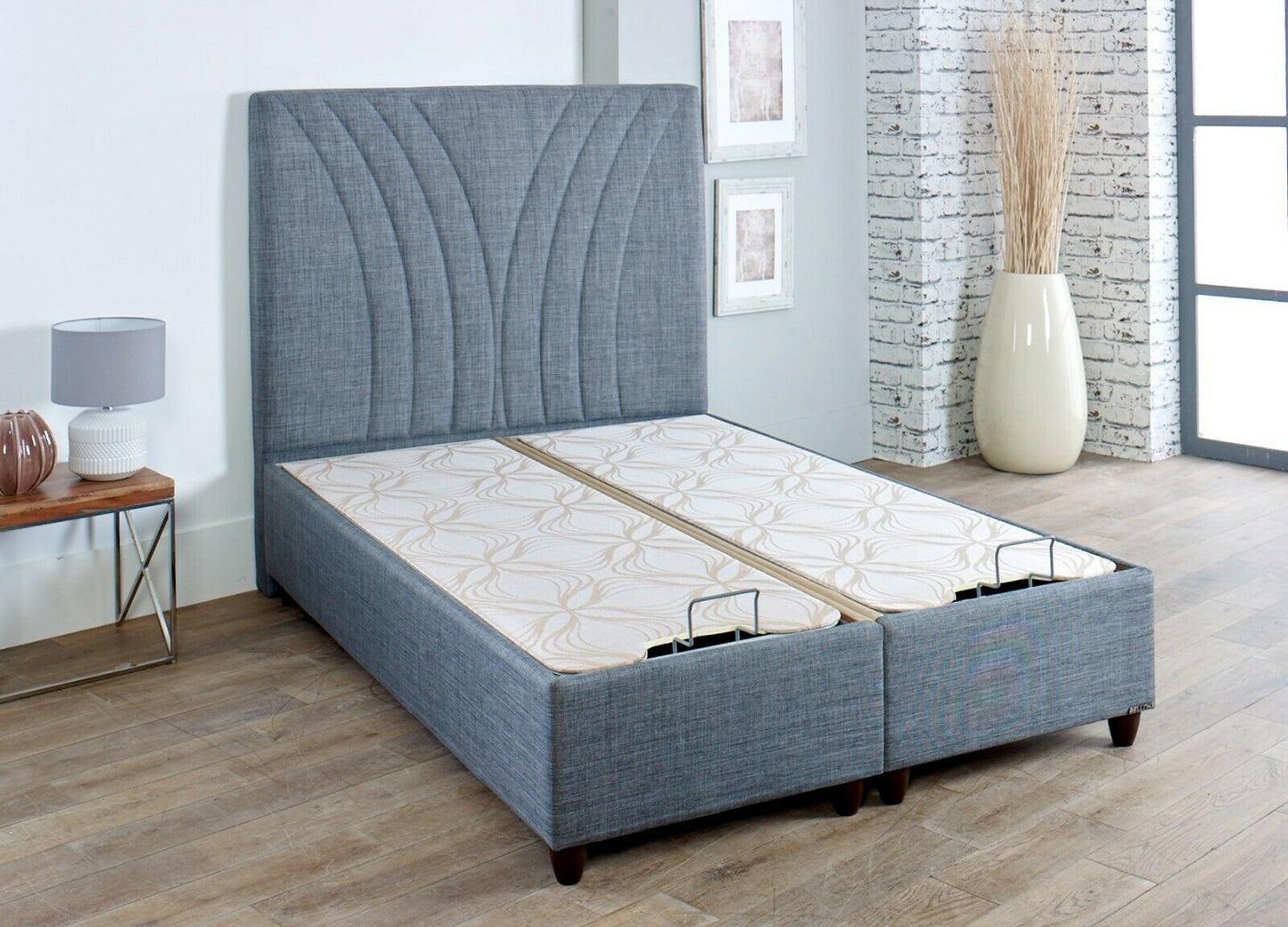 Verso Storage Bed Frame: Hydraulic Lift-Up, Linen & Wood, 2-Box Design