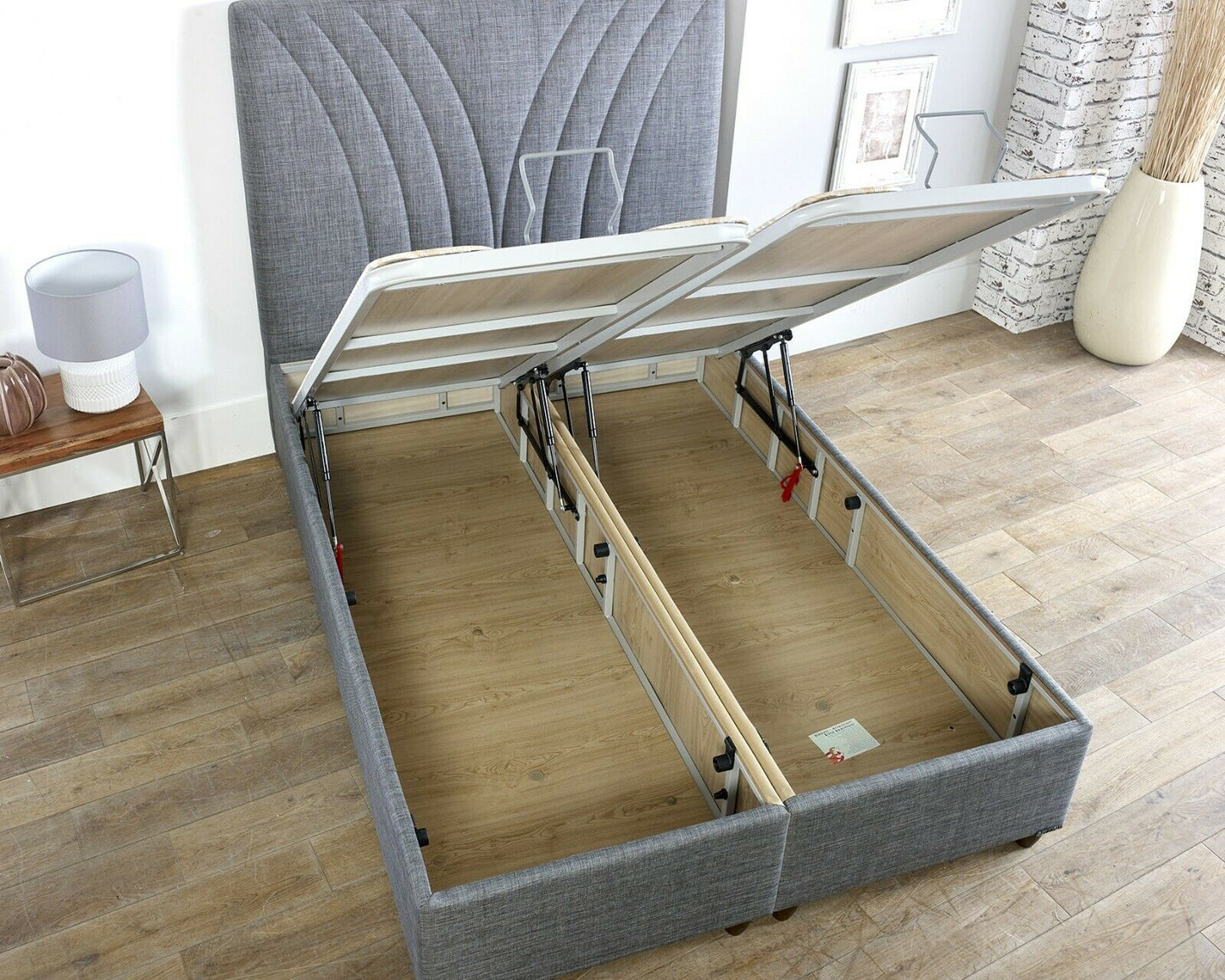 Verso Storage Bed Frame: Hydraulic Lift-Up, Linen & Wood, 2-Box Design