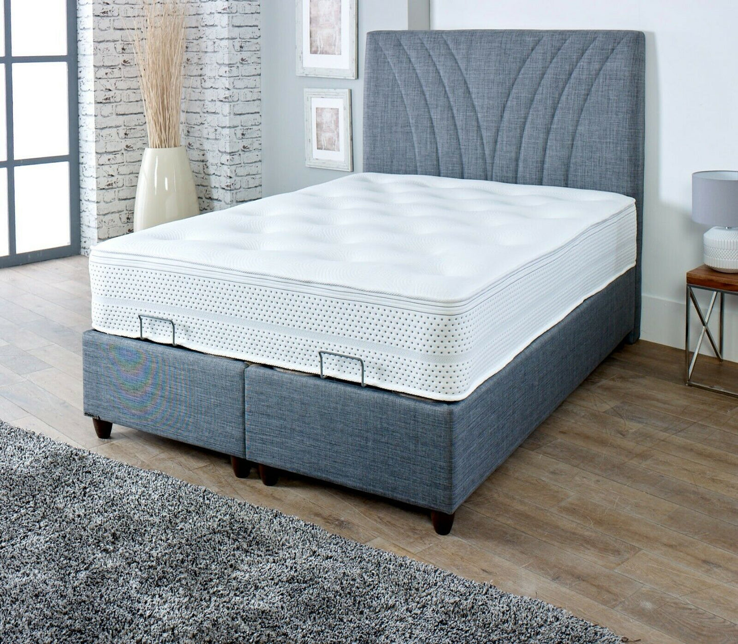 Verso Storage Bed Frame: Hydraulic Lift-Up, Linen & Wood, 2-Box Design