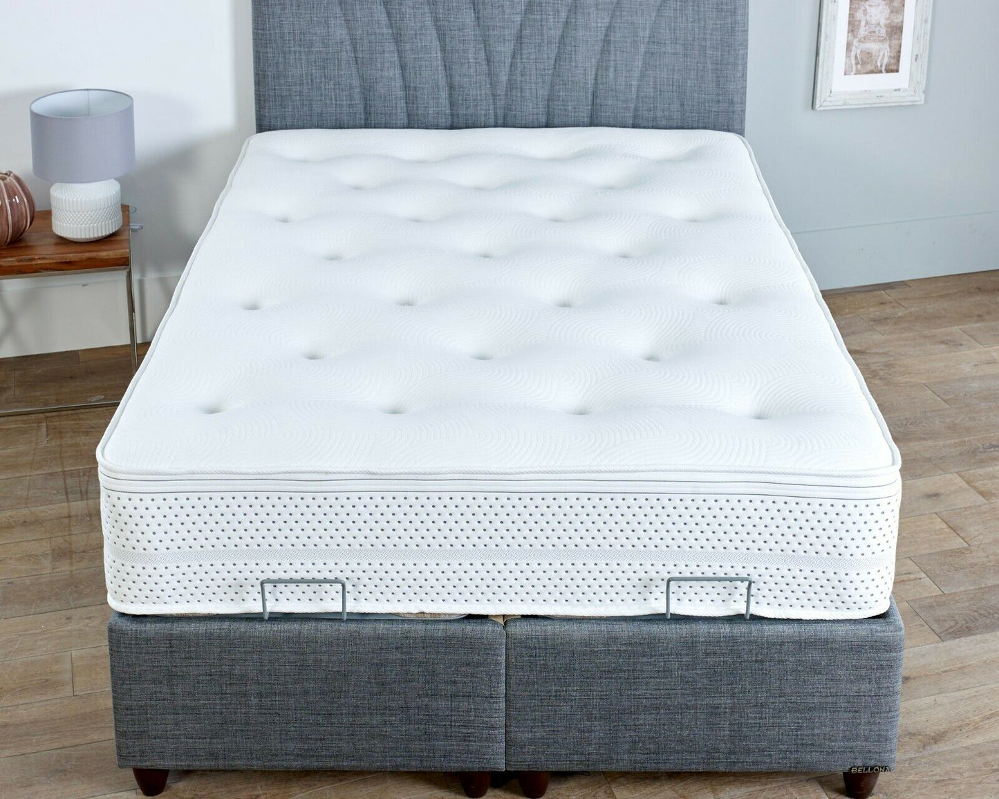Verso Storage Bed Frame: Hydraulic Lift-Up, Linen & Wood, 2-Box Design
