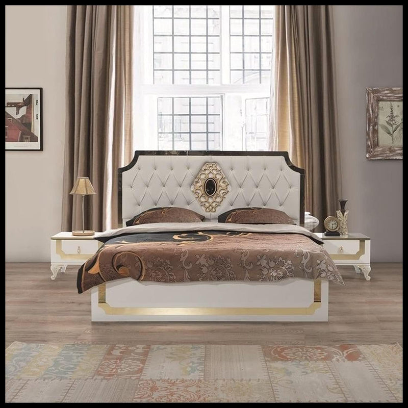 MDF Chipboard Wood White Golden Bed 2 Door Wardrobe Dressing Table Mirror