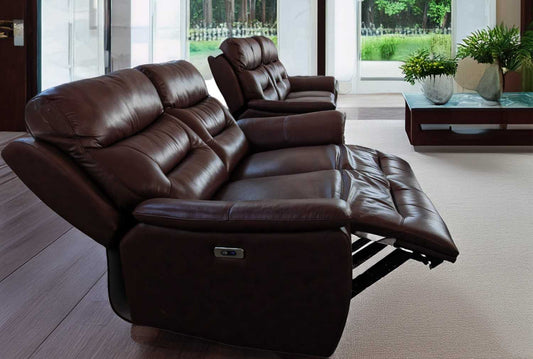 Darwin Mahogany Leather 3 Seater 2 Seater Electric Power Recliner Sofa