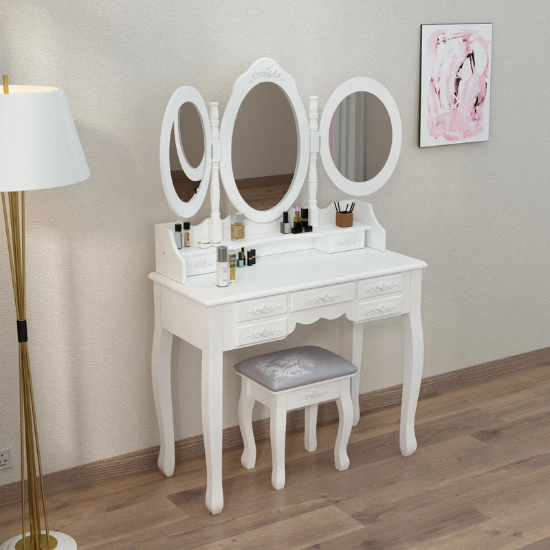 White Dressing Table Oval Mirror & Stool Set (7 Drawer) Bedroom Makeup Desk