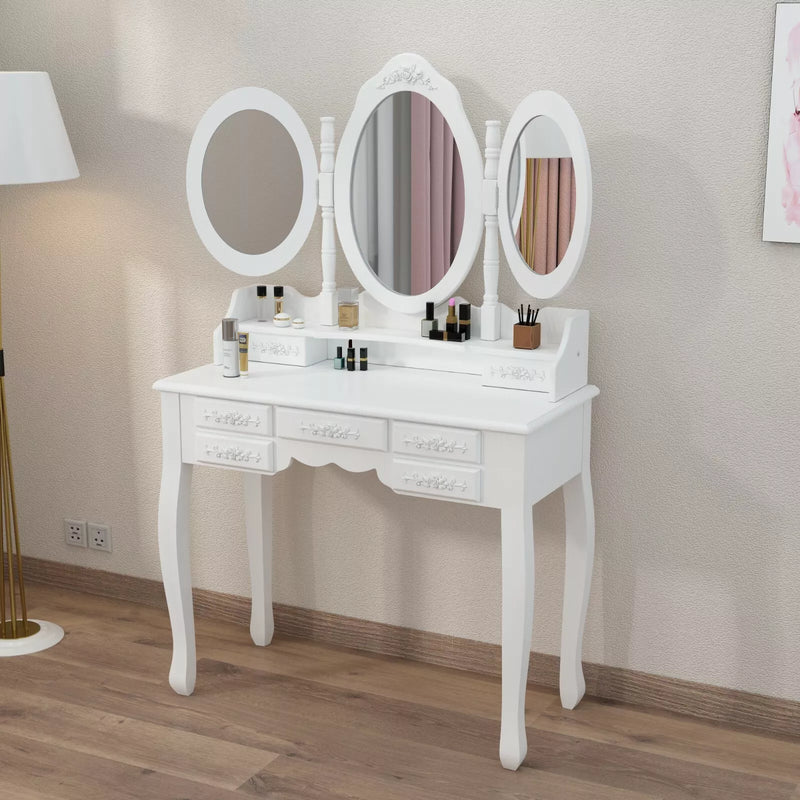 White Dressing Table Oval Mirror & Stool Set (7 Drawer) Bedroom Makeup Desk