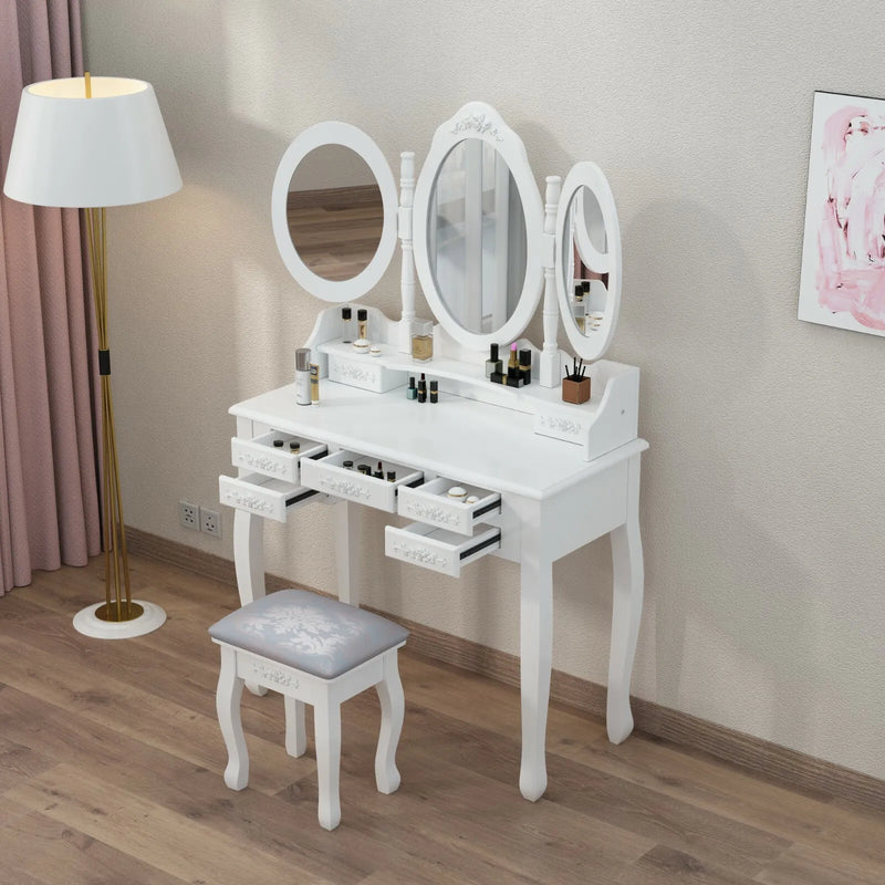 White Dressing Table Oval Mirror & Stool Set (7 Drawer) Bedroom Makeup Desk