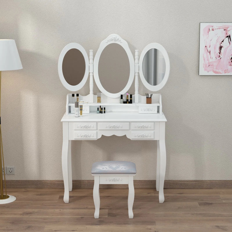 White Dressing Table Oval Mirror & Stool Set (7 Drawer) Bedroom Makeup Desk