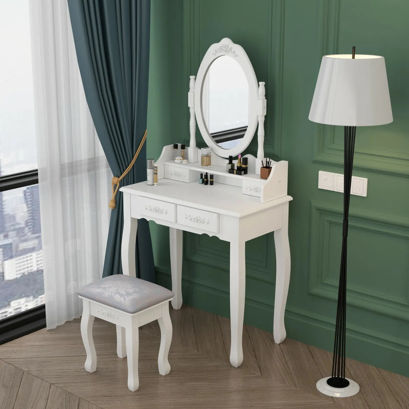 White Dressing Table, Oval Mirror & Stool Set (4 Drawer) Bedroom Makeup Desk