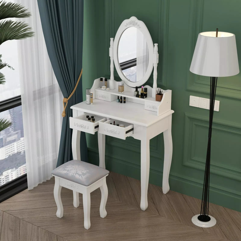 White Dressing Table, Oval Mirror & Stool Set (4 Drawer) Bedroom Makeup Desk