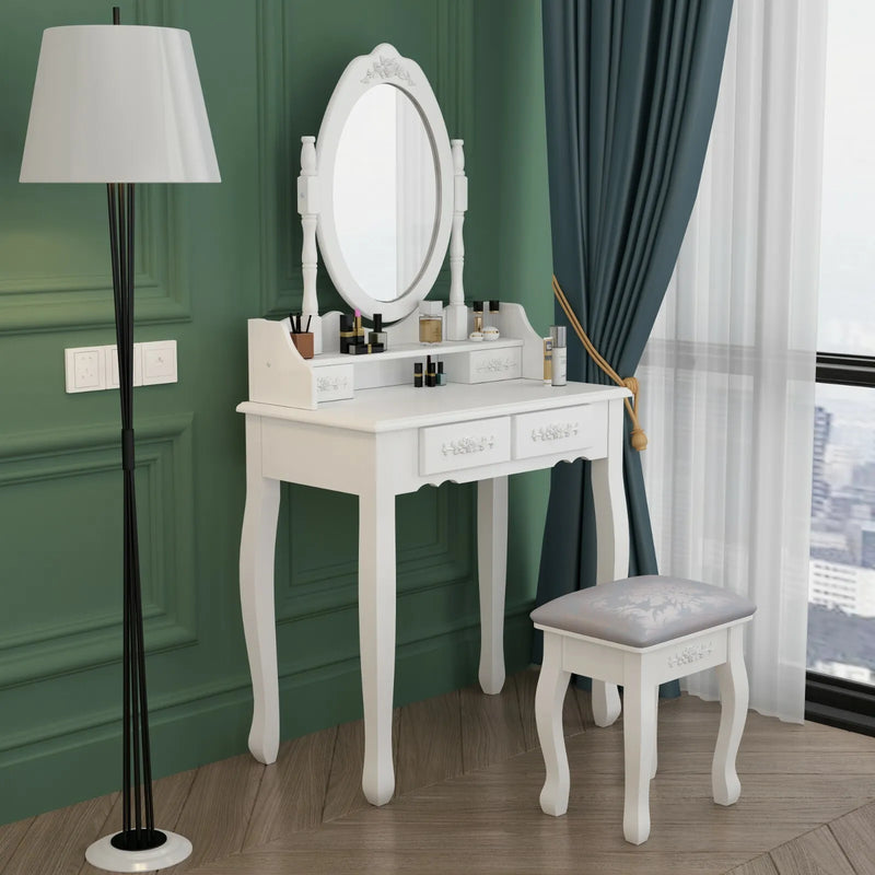 White Dressing Table, Oval Mirror & Stool Set (4 Drawer) Bedroom Makeup Desk