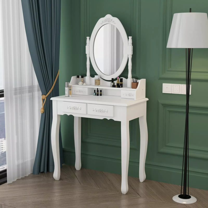 White Dressing Table, Oval Mirror & Stool Set (4 Drawer) Bedroom Makeup Desk