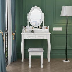 White Dressing Table, Oval Mirror & Stool Set (4 Drawer) Bedroom Makeup Desk