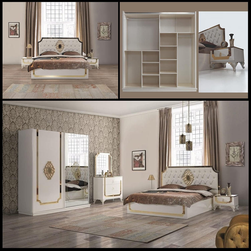 MDF Chipboard Wood White Golden Bed 2 Door Wardrobe Dressing Table Mirror