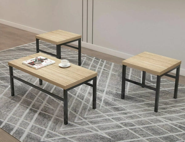 Coffee Side Tables Set of 3 Simple But Luxury Design Black Metal Oak Effect