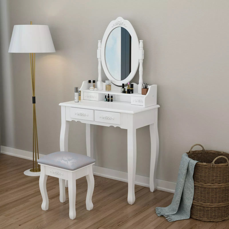 White Wood Dressing Table 4 Four Drawers Mirror Makeup Desk Stool Bedroom Rose