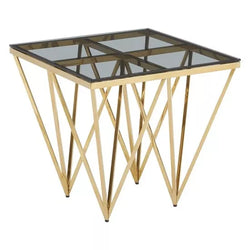 Modern Gold Colour Metal Spike Legs Smoked Glass Side End Table