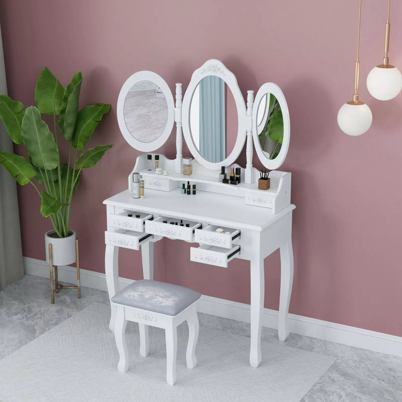 Dressing Table Wooden White 7-Drawers Tri-fold Mirror Makeup Desk Stool Bedroom