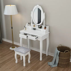 White Wood Dressing Table 4 Four Drawers Mirror Makeup Desk Stool Bedroom Rose