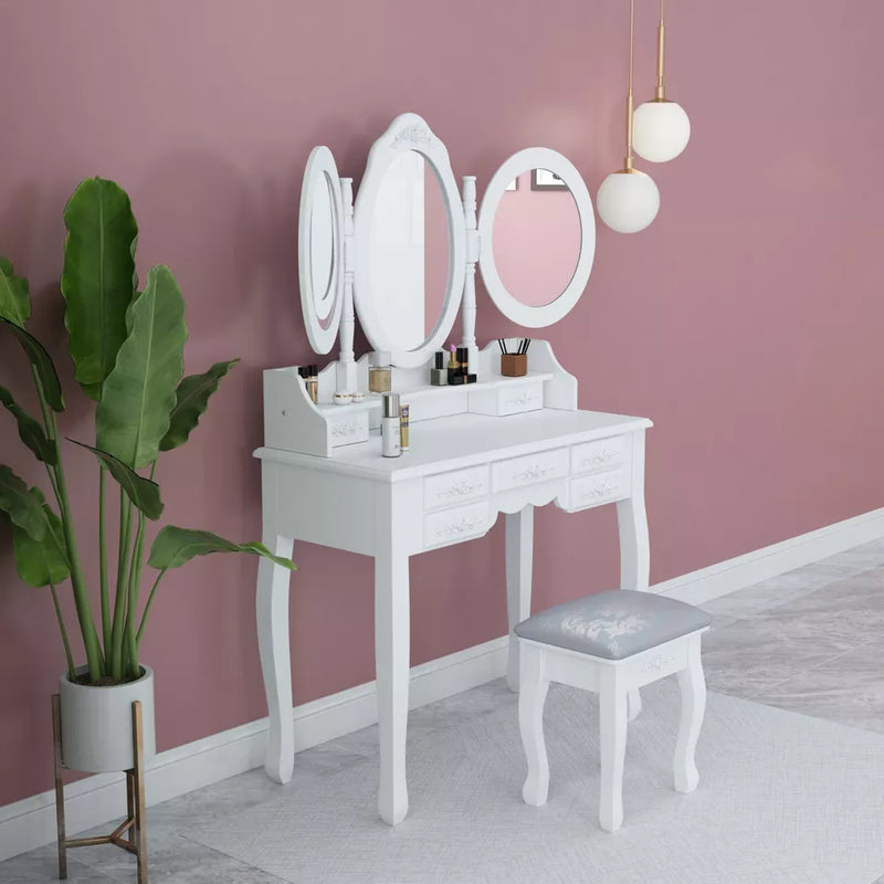 Dressing Table Wooden White 7-Drawers Tri-fold Mirror Makeup Desk Stool Bedroom