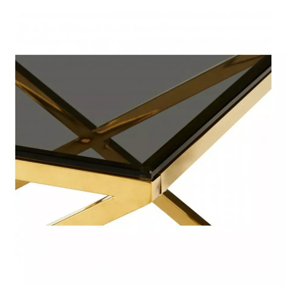 Modern Gold Colour Metal Black Smoked Glass Side End Table Coffee Criss Cross