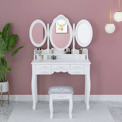 Dressing Table Wooden White 7-Drawers Tri-fold Mirror Makeup Desk Stool Bedroom