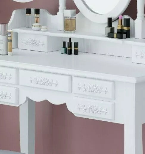 Dressing Table Wooden White 7-Drawers Tri-fold Mirror Makeup Desk Stool Bedroom