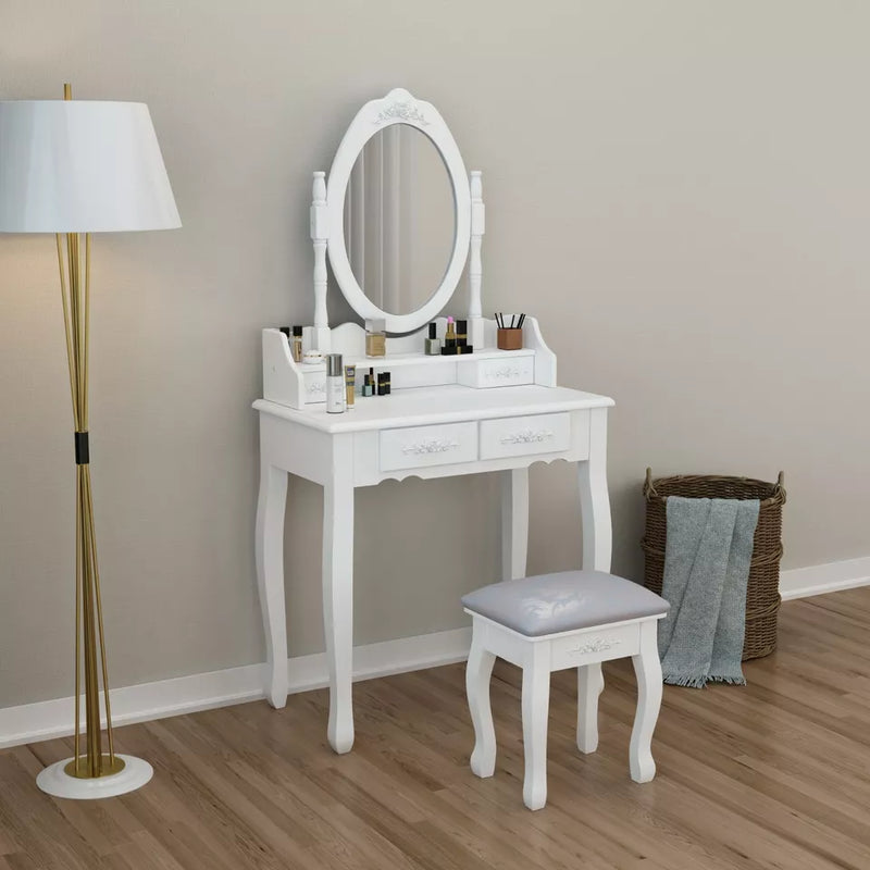 White Wood Dressing Table 4 Four Drawers Mirror Makeup Desk Stool Bedroom Rose