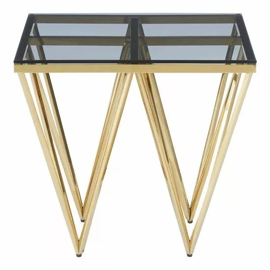 Modern Gold Colour Metal Spike Legs Smoked Glass Side End Table