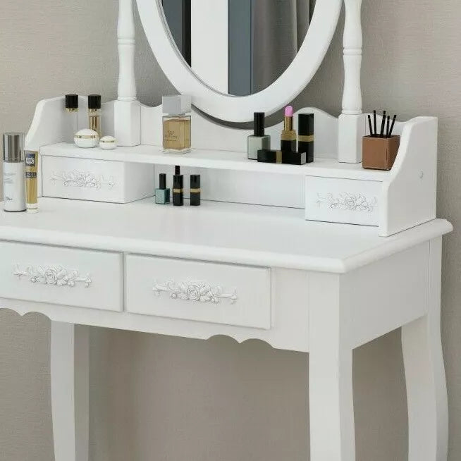 White Wood Dressing Table 4 Four Drawers Mirror Makeup Desk Stool Bedroom Rose