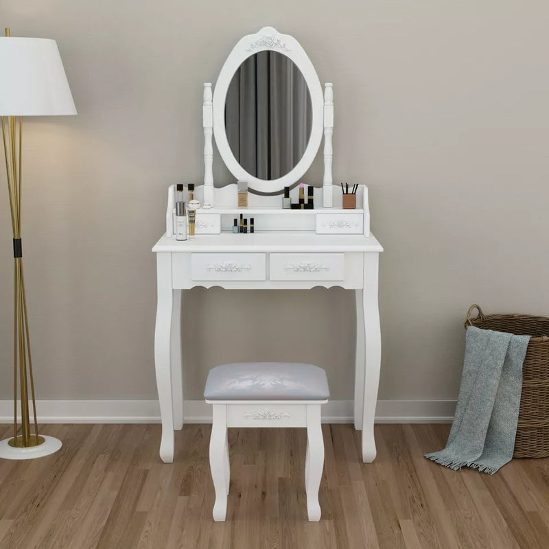 White Wood Dressing Table 4 Four Drawers Mirror Makeup Desk Stool Bedroom Rose