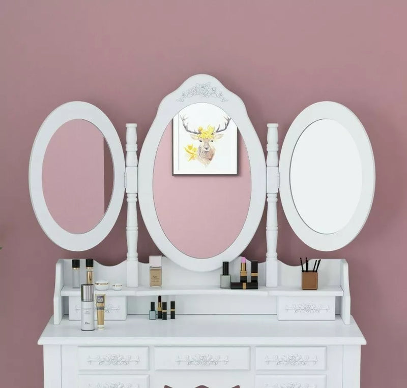 Dressing Table Wooden White 7-Drawers Tri-fold Mirror Makeup Desk Stool Bedroom