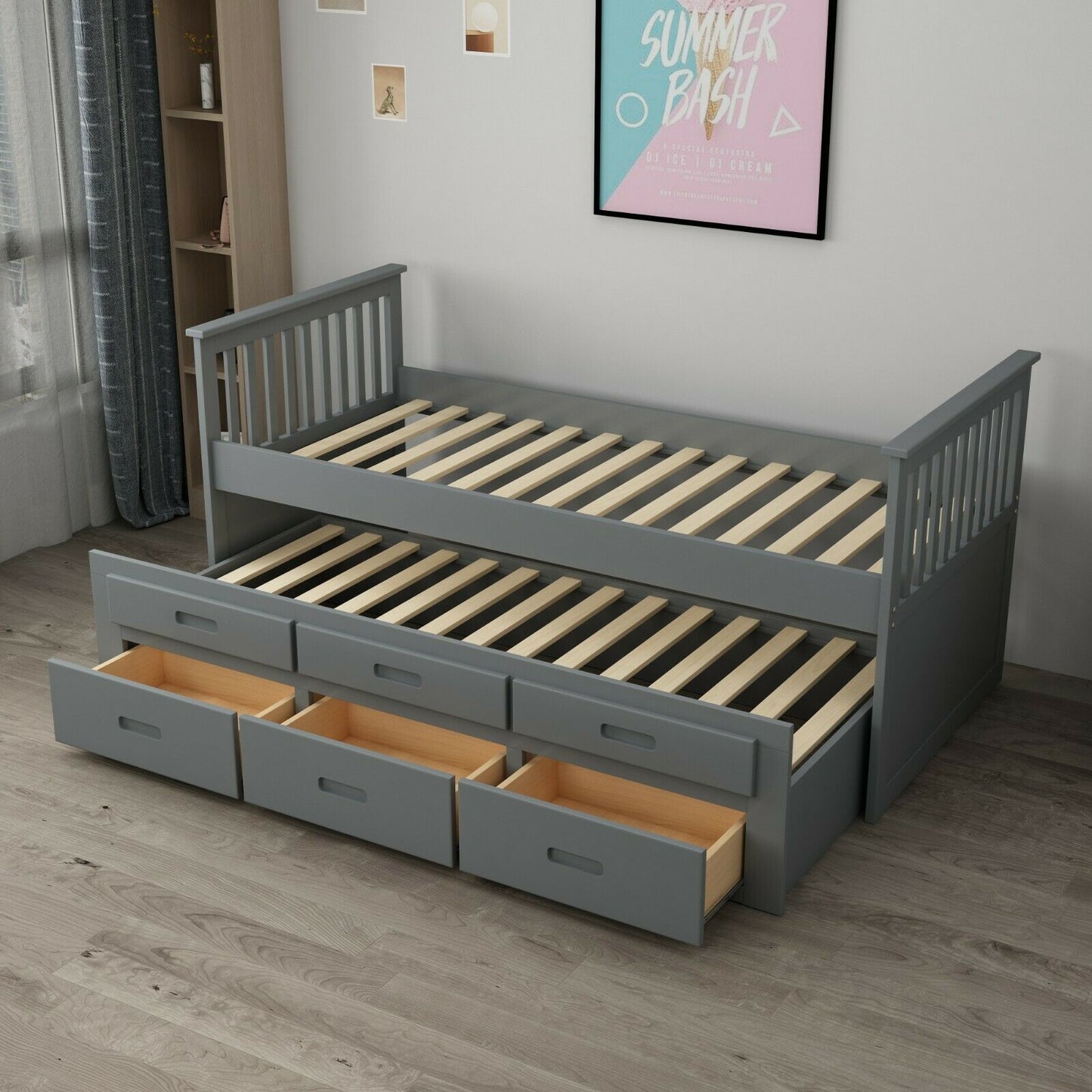 Single kids 3ft Wood Bed Frame Pull Out Trundle 3 Drawer Storage White & Grey